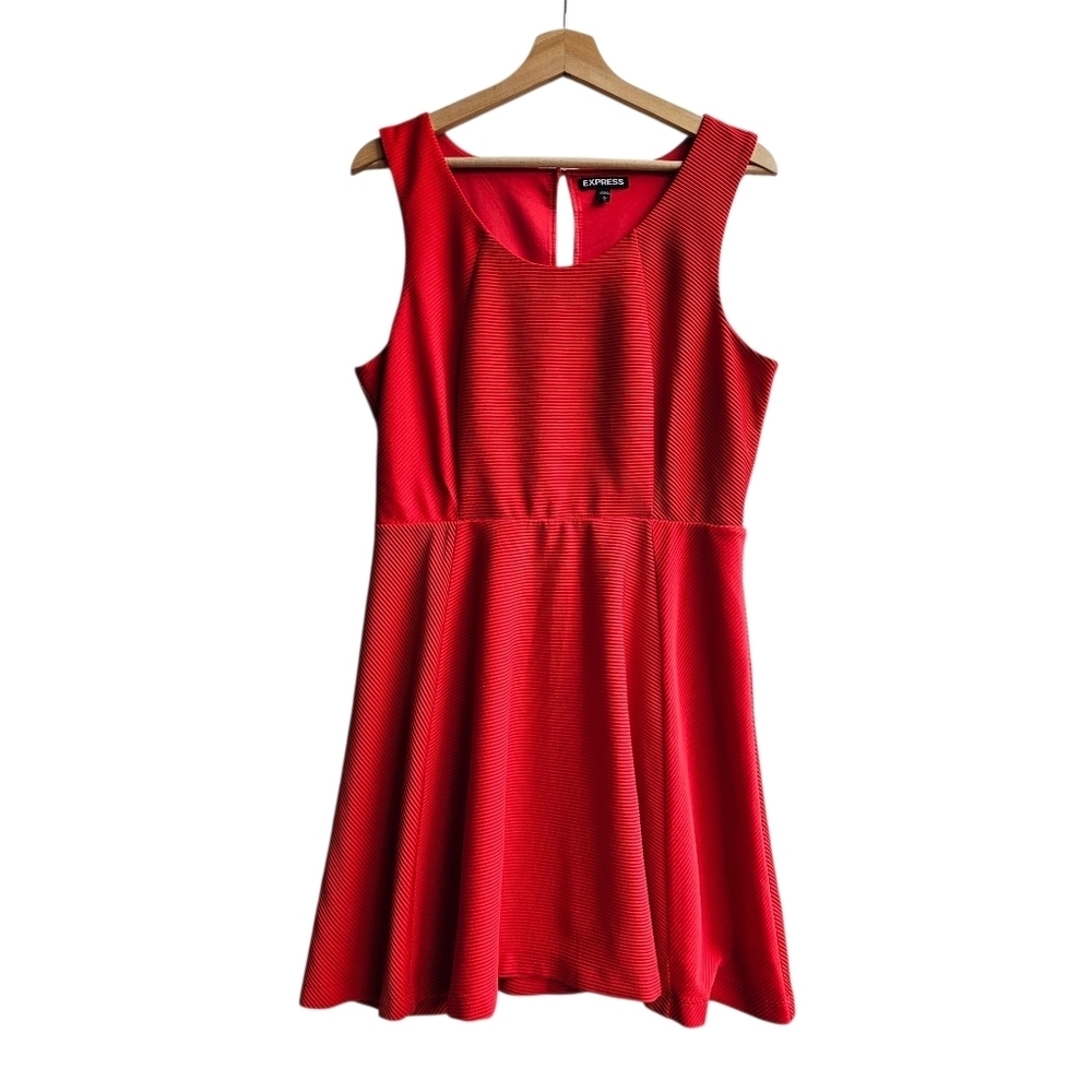 Express Red Ribbed Fit & Flare Skater Dress Keyhole Back Large